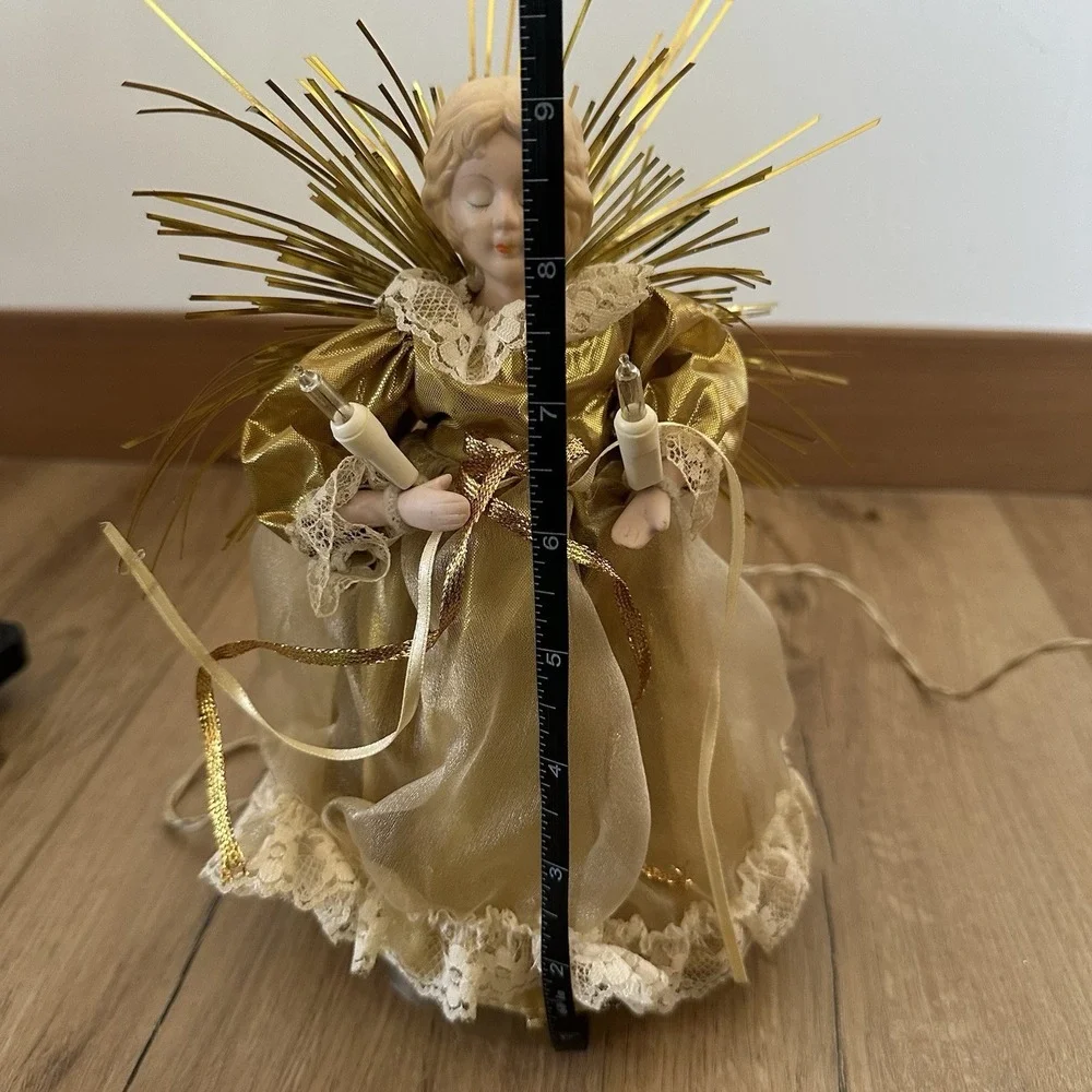 Vtg 90's Porcelain Lighted Angel Christmas Tree Topper Gold Dress Tinsel Halo 6